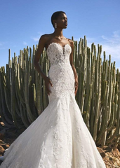 Model wearing Finglas by Pronovias - full lace and beaded mermaid wedding dress, full body front view