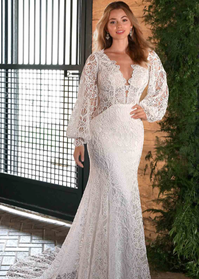 Model wearing D3443 by Essence of Australia - a long sleeve full lace fit and flare wedding dress,  full body front view