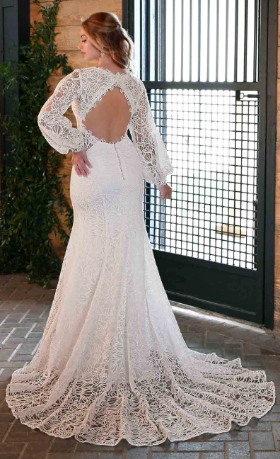 Model wearing D3443 by Essence of Australia - a long sleeve full lace fit and flare wedding dress,  full body back view with keyhole back