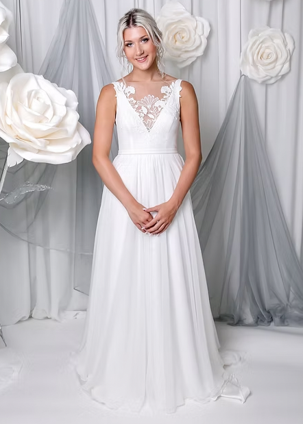 Meet Hailsey, a classic a-line with a beautifully accentuated neckline - full body front view