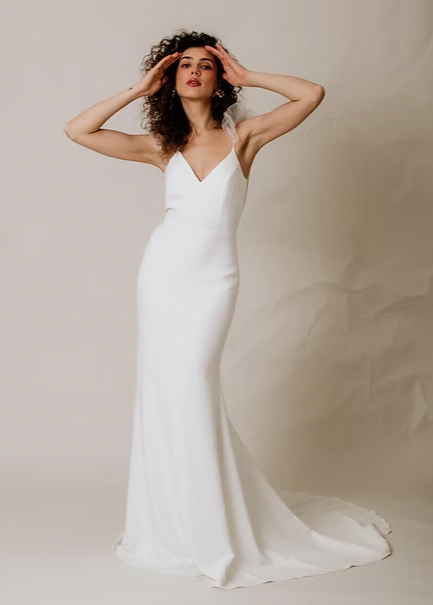 Simple with an elegant flare - Frances is a gorgeous crepe fit and flare, with a v neck and elegant tulle sleeve to add that uniqueness - full body front view