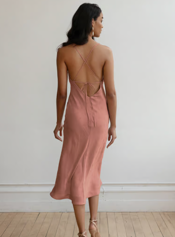 Woman wearing a pink dress with a backless design against a plain background
