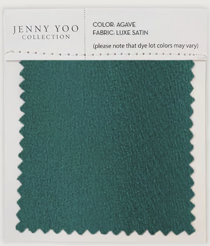 Jenny Yoo Collection fabric swatch in Agave color with Luxe Satin fabric description.