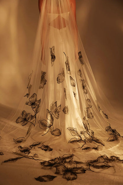 Black Embroidery Shadow Halo Veil by Theia