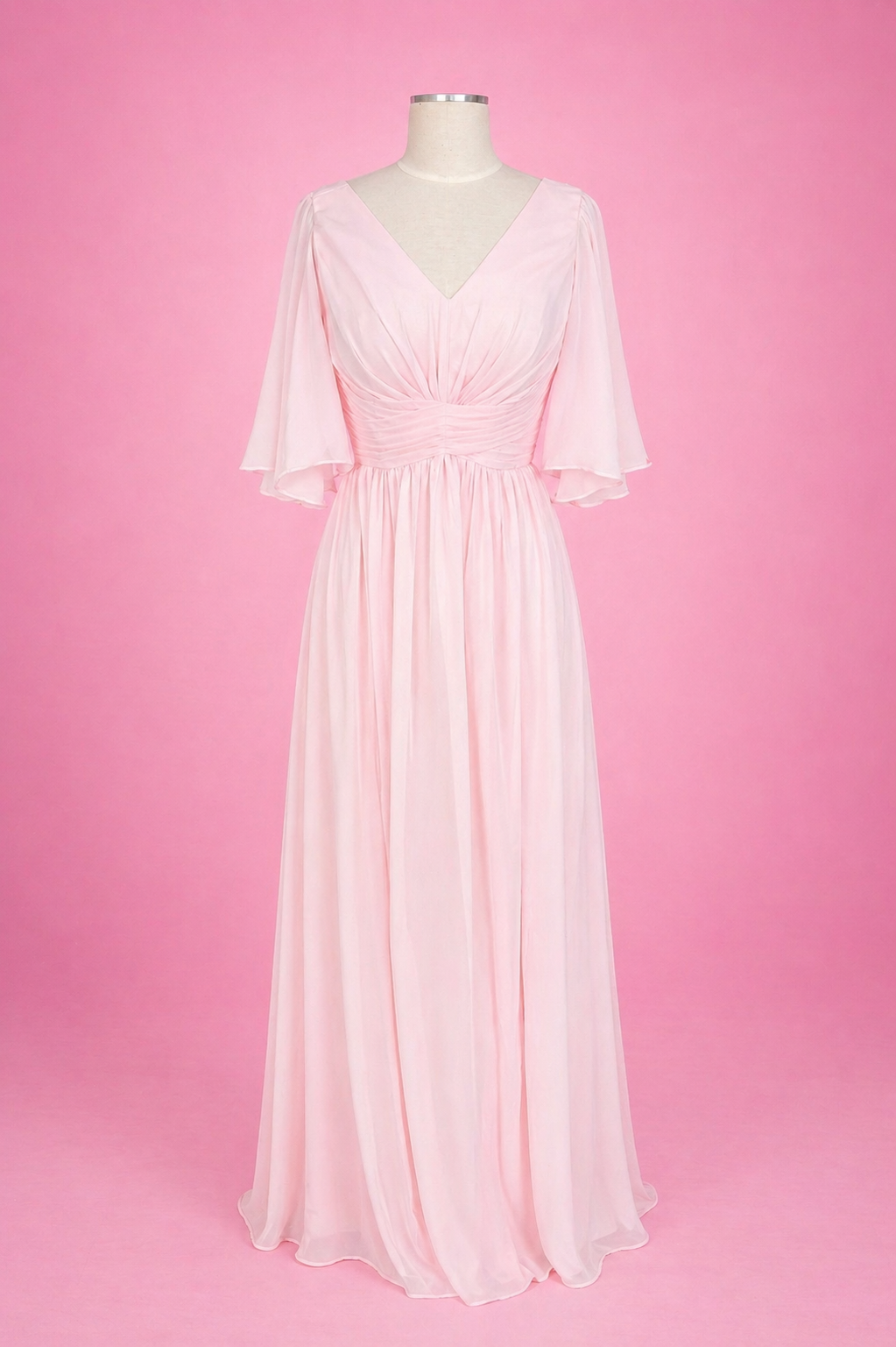 Light Pink Chiffon Short Sleeve Bridesmaid Dress