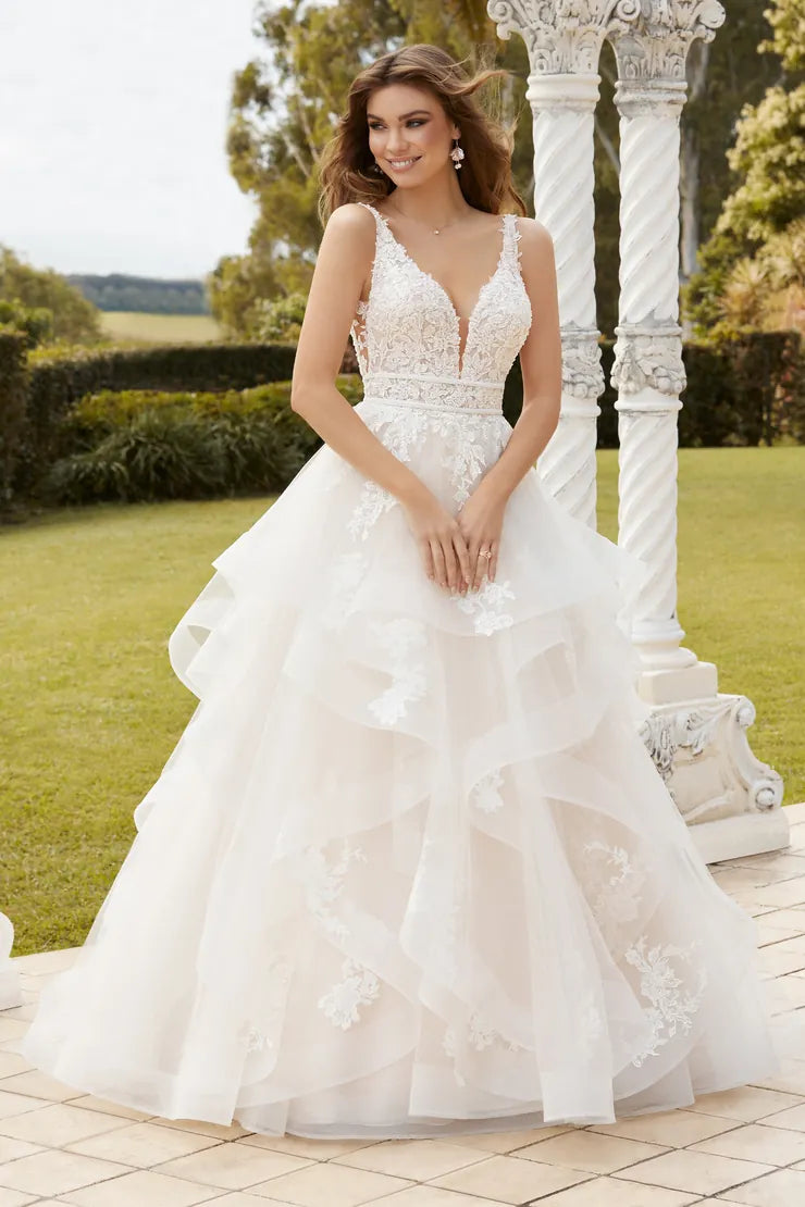 Tiered ballgown Sienna by Sophia Tolli tulle and lace on a bride model outside