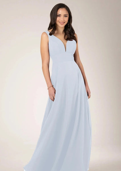 arctic blue bridesmaid dresses Light Blue Chiffon A-line V-neck Long Bridesmaid Dresses With Slit, MBD206 main image 0