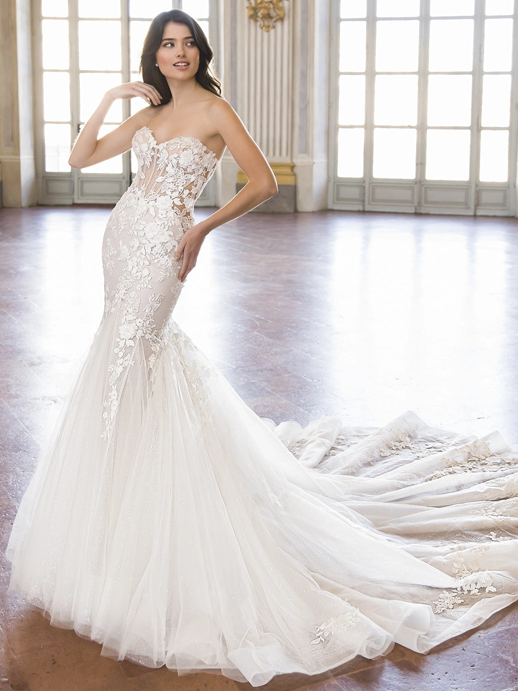 Beaded Floral Motifs, Embroidered Botanical Lace, Glitter Tulle, Chiffon & Tulle Mermaid Wedding Dress strapless at NKIN Ballgown