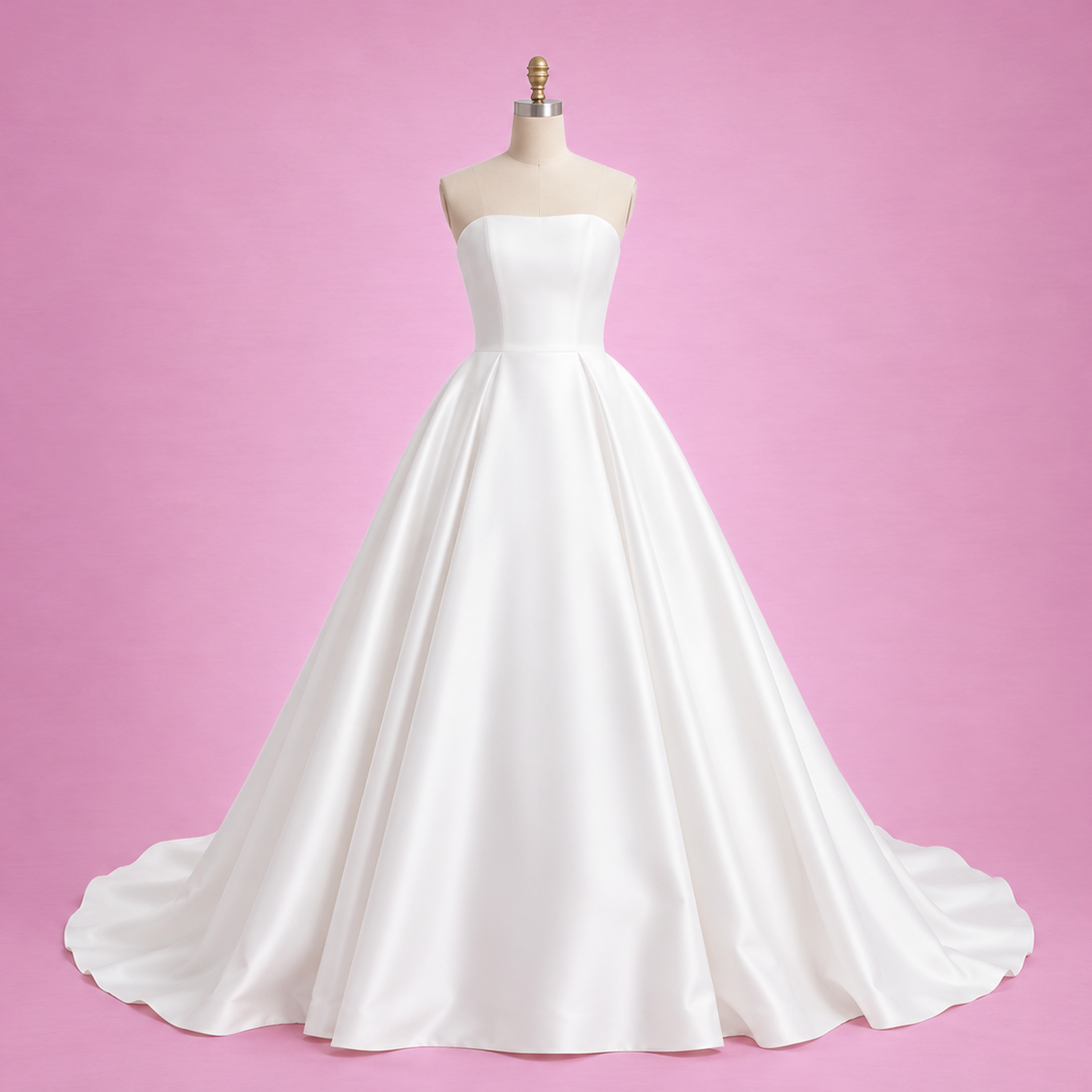 A strapless white satin ball gown with a full skirt and train, displayed on a dress form mannequin against a solid pink background. Victoire by Never Knew I Needed