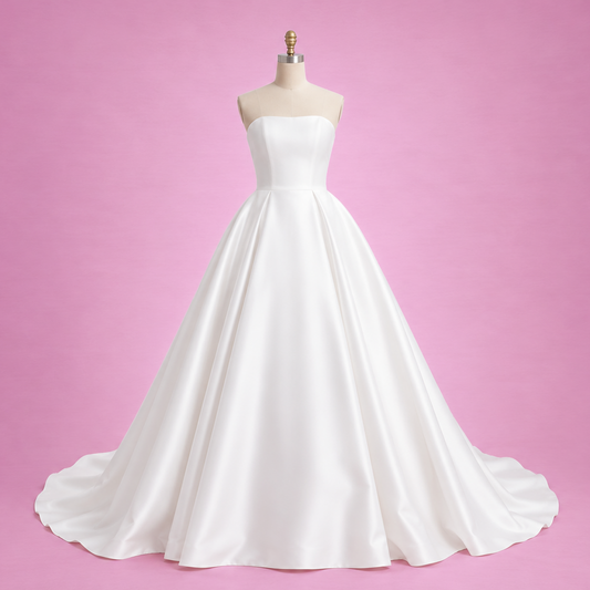 A strapless white satin ball gown with a full skirt and train, displayed on a dress form mannequin against a solid pink background. Victoire by Never Knew I Needed