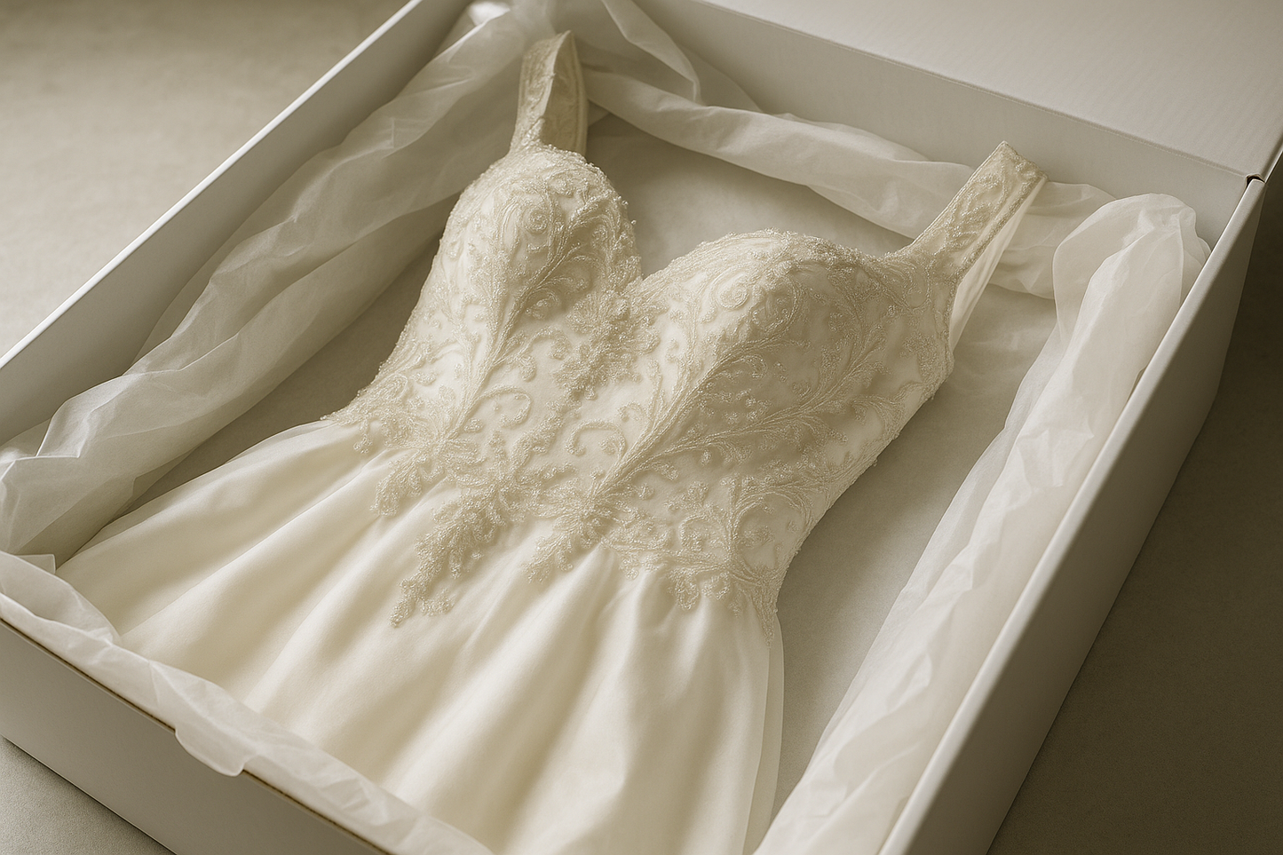 closeup of wedding dress boxed for preservation