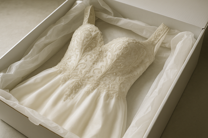 closeup of wedding dress boxed for preservation