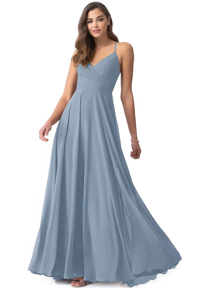 Full body front view of Azazie - Avelina (Dusty Blue