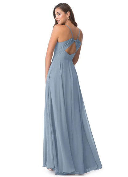 Full body back view of Azazie - Avelina (Dusty Blue