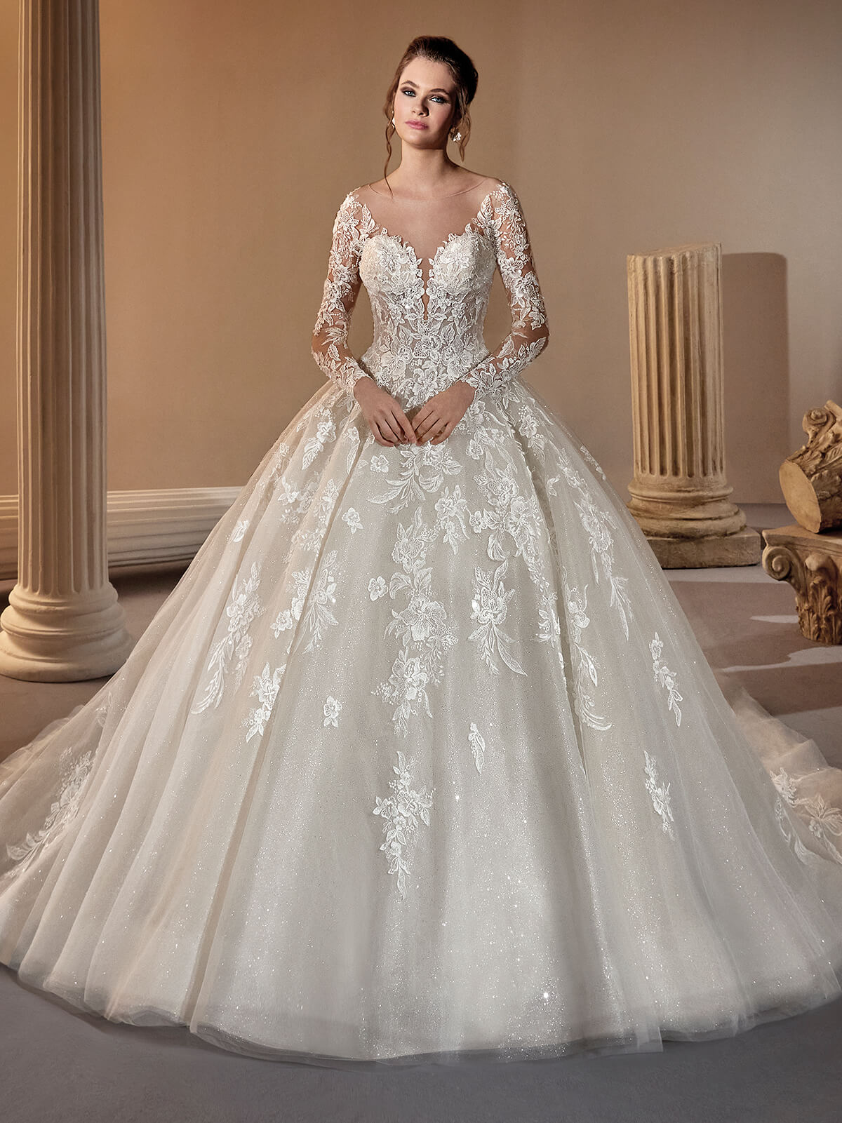 Princess ballgown from Demetrios. Long sleeve, tulle, embroidered lace and sparkle from NKIN in Ottawa
