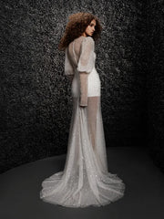 Model wearing Eugenie by Vera Wang - long sleeve fully beaded sheath wedding dress, full body back view