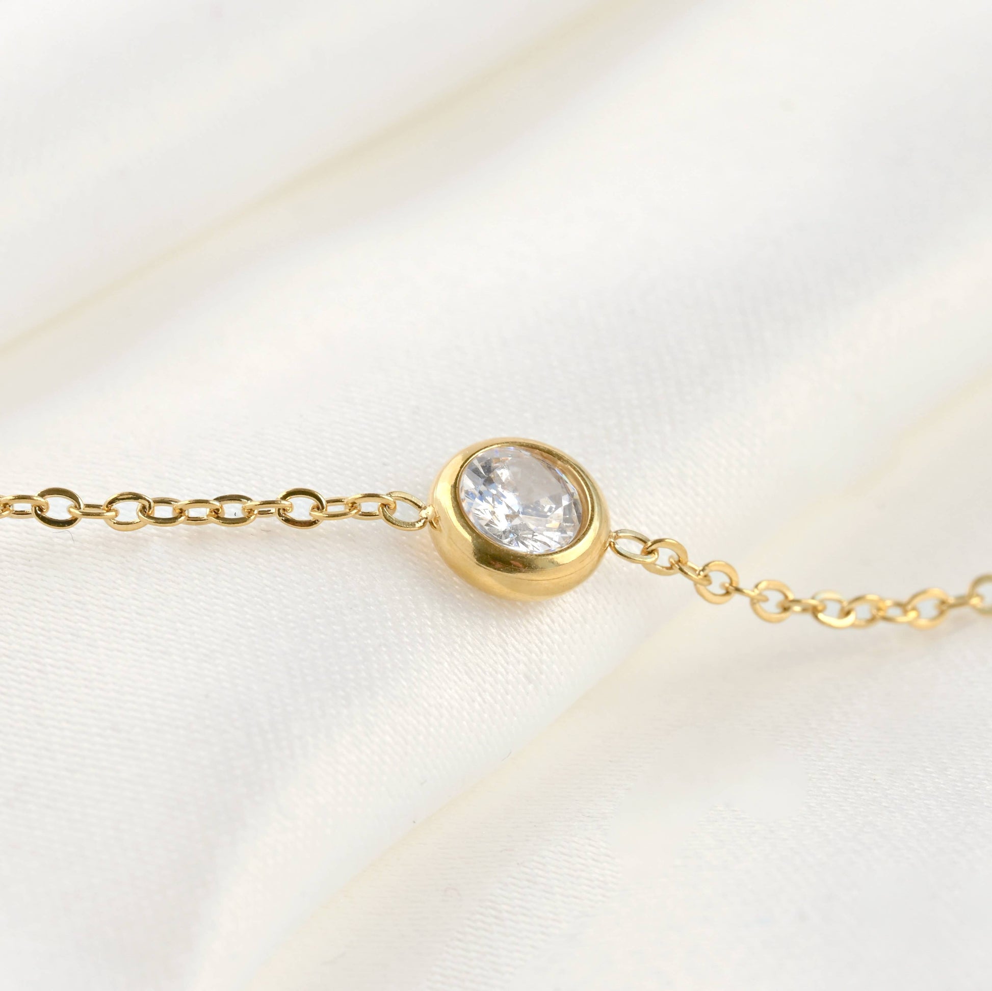 Close up of bezel necklace gold crystal