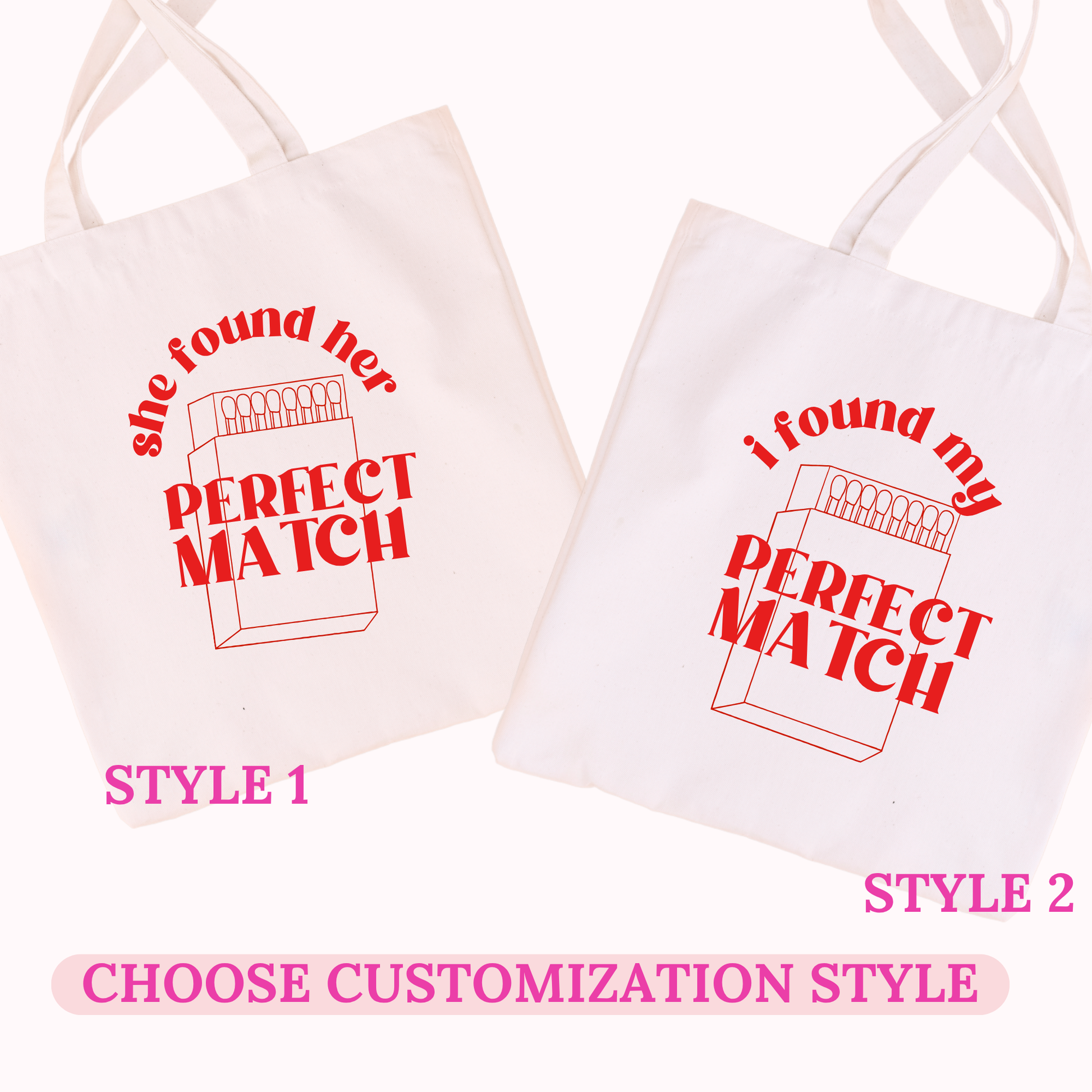 Two tote bags with red text and graphics on a white background