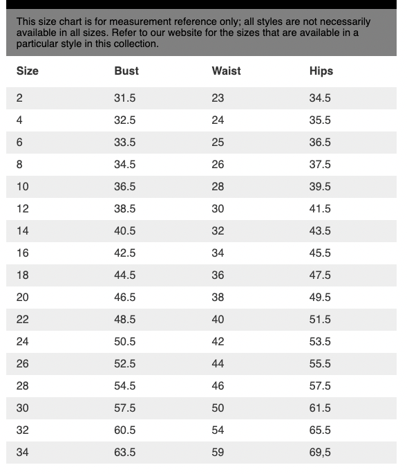 Sorella Vita size chart