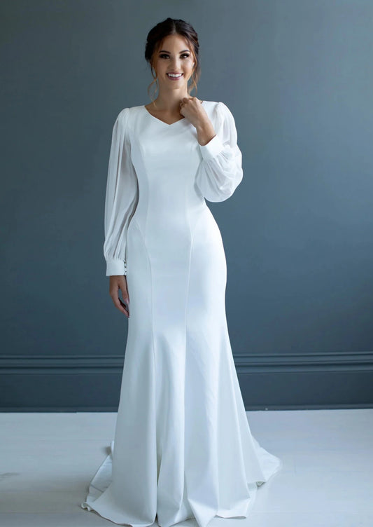 Full body front view of Courtney by The Modest Bride