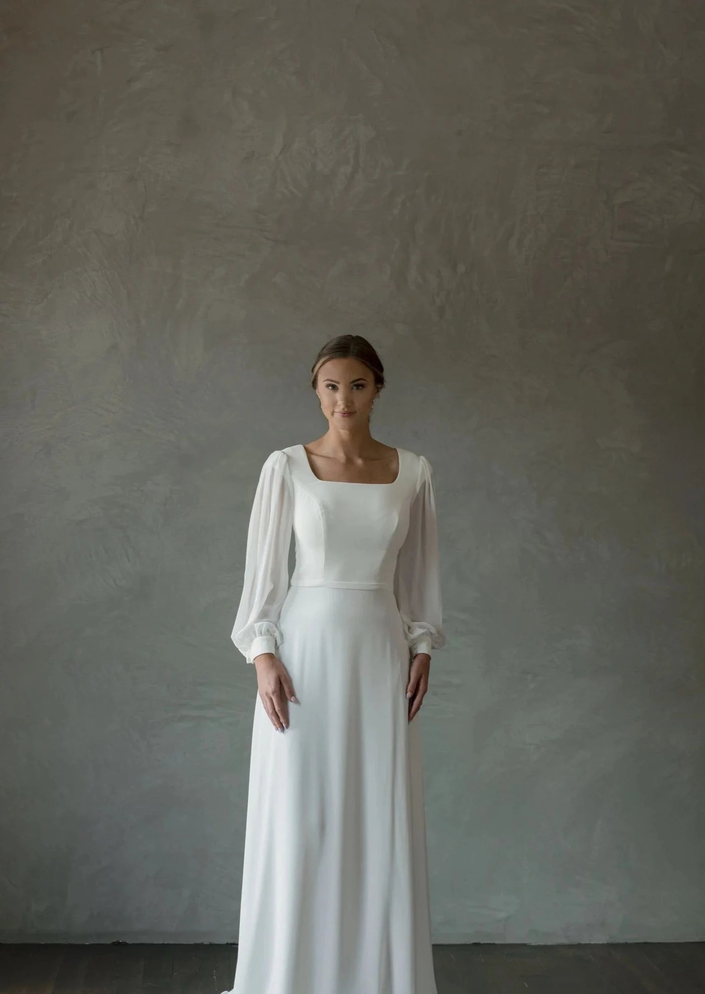 Full body front view of Lily by The Modest Bride