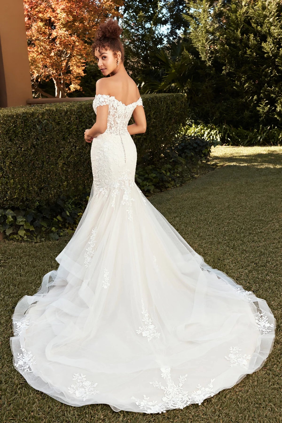 back of floral applique fit and flair wedding dress,Molly by sophia tolli,available  at NKIN