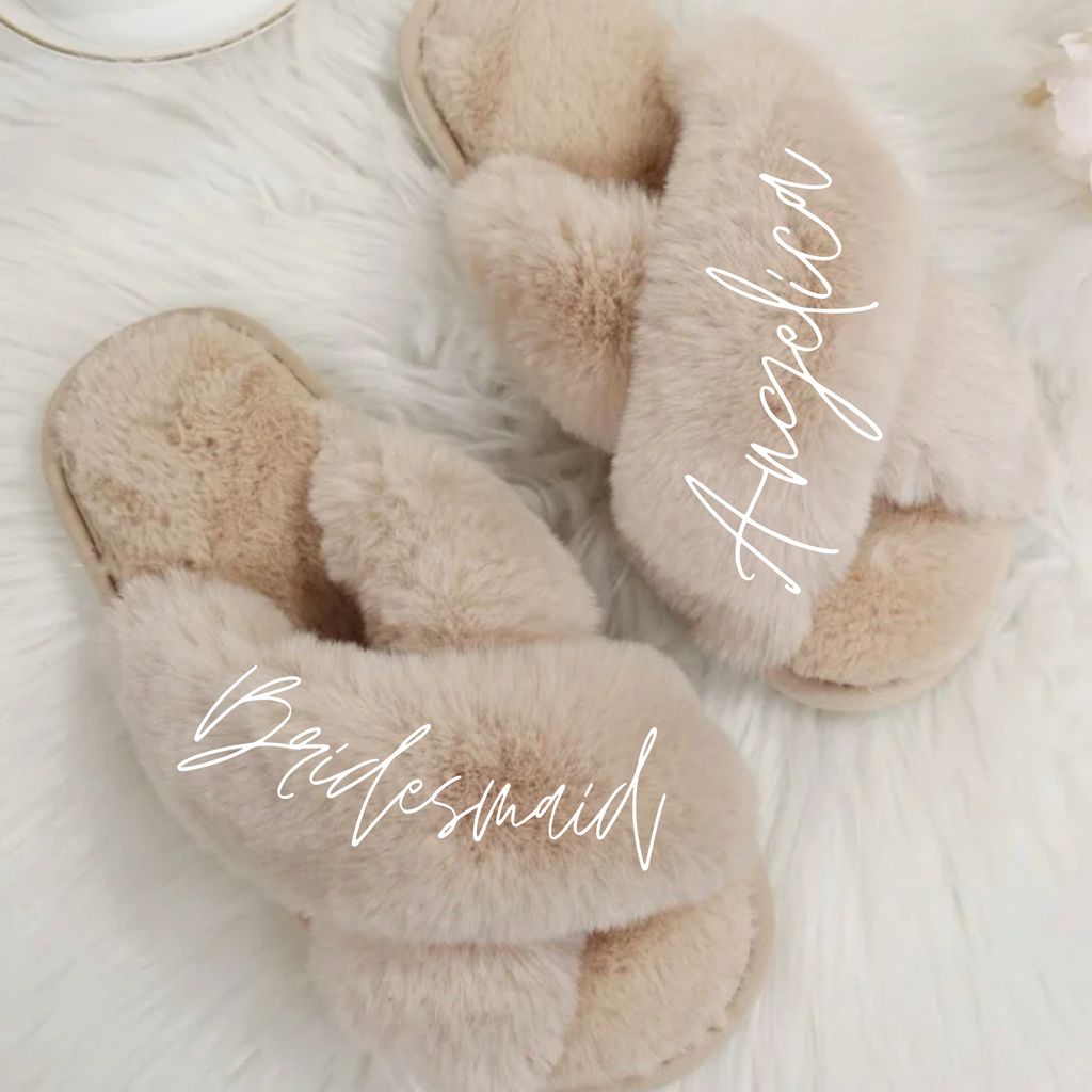 Fuzzy slippers in brown. with "bridesmaid angelica" pressed