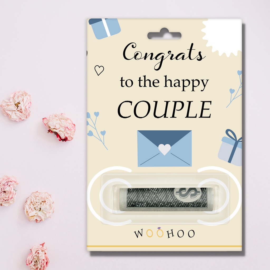 A plastic bill money holder with "congrats to the happy couple" printed in black. The background is yellow with blue details.