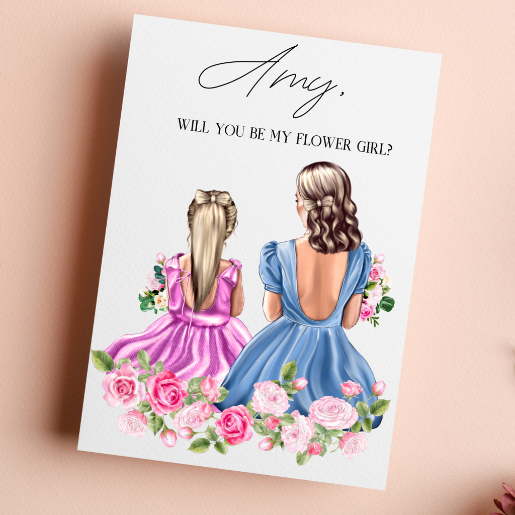 Lay flat of card that says - "Amy, will you be my flower girl?" And two people sitting in flowers.