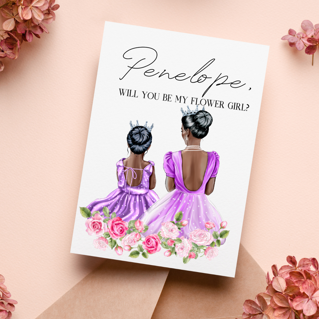 Lay flat of card that says - "Penelope, will you be my flower girl?" And two people sitting in flowers.