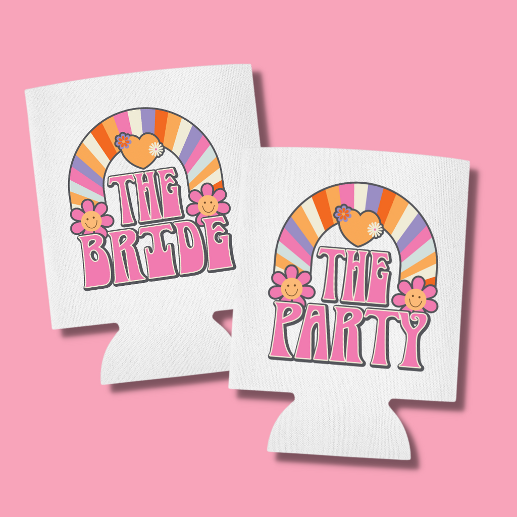 Two white can koozies on a pink background. One says "The Bride" in retro pink and multicolor font and the other says "The Party,"