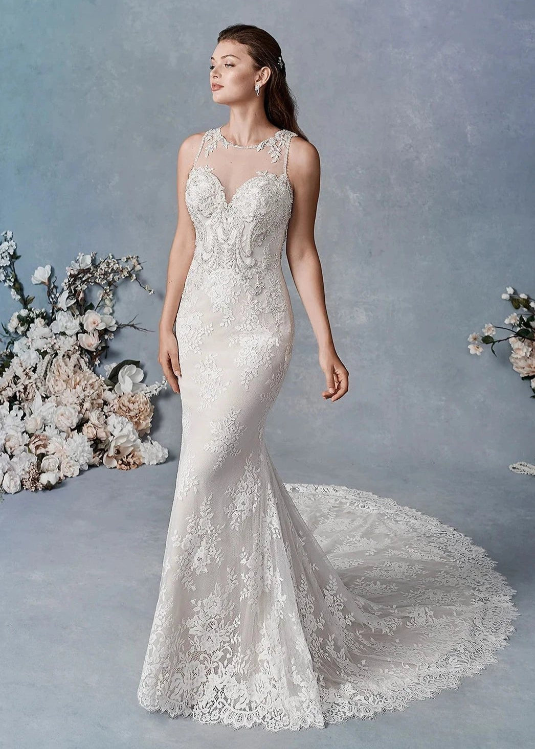 Woman wearing a high neck lace wedding gown