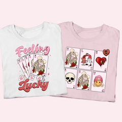 White and pink feeling lucky vegas style bachelorette shirts.