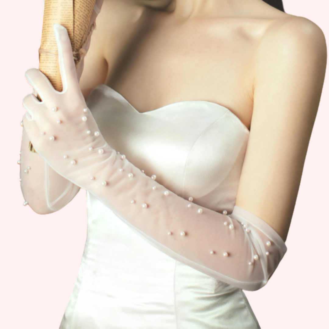 Long Tulle Nylon Wedding Gloves with High Quality Pearls