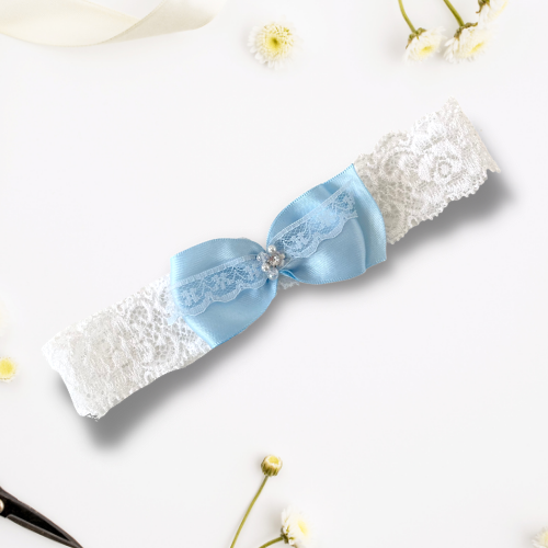 White Lace Garter with Blue Satin Bow - NKIN