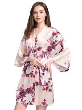 Champagne Peony Watercolor Satin Robe