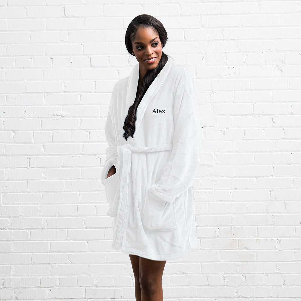 Women's WHITE Personalized Embroidered Fleece Robe With Pockets - NKIN