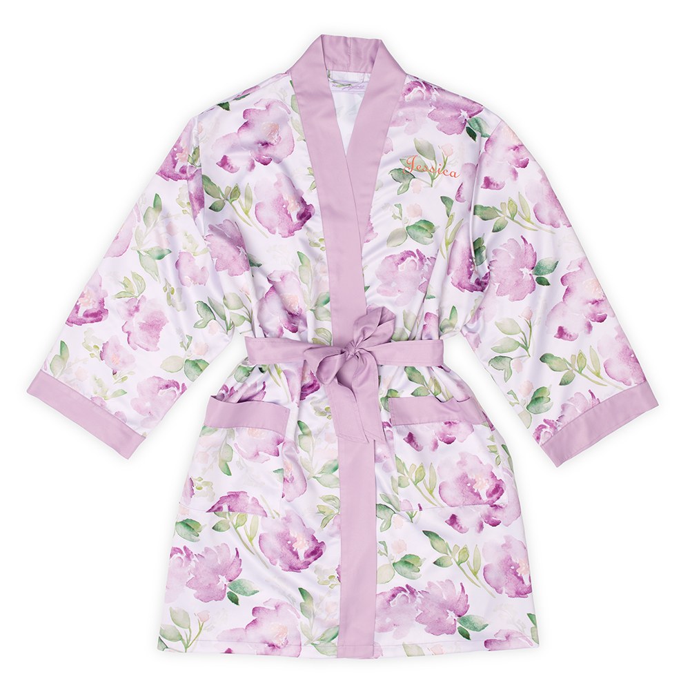 Women's Personalized Embroidered Floral Satin Robe With Pockets - Lavender - NKIN