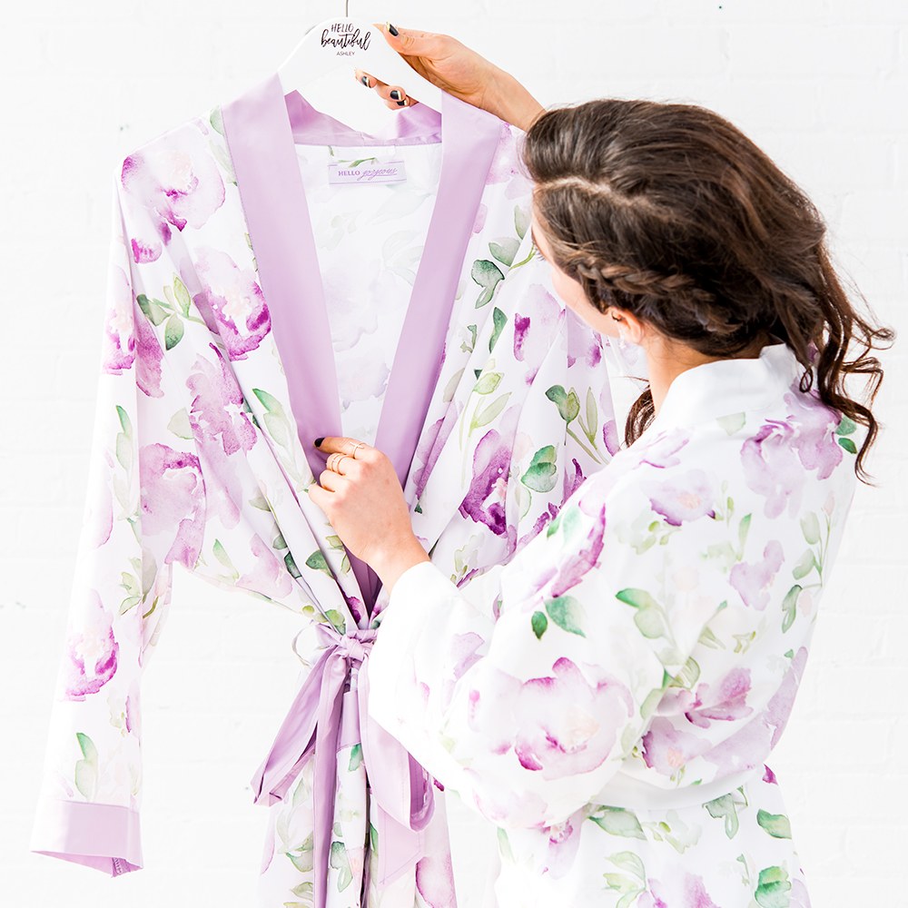 Women's Personalized Embroidered Floral Satin Robe With Pockets - Lavender - NKIN