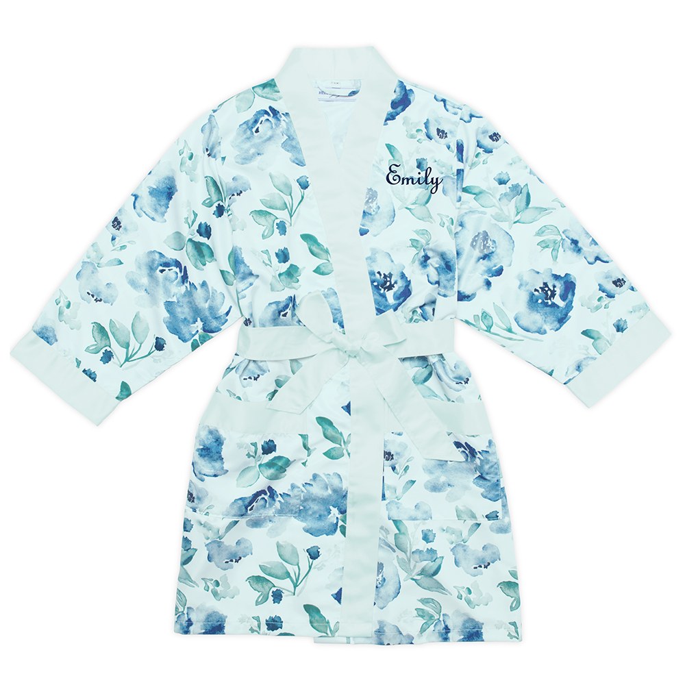 Women’s Personalized Embroidered Floral Satin Robe With Pockets - Light Blue & Mint - NKIN