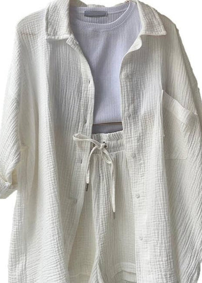 Bride lounge set with a linen button up top and drawstring bottoms