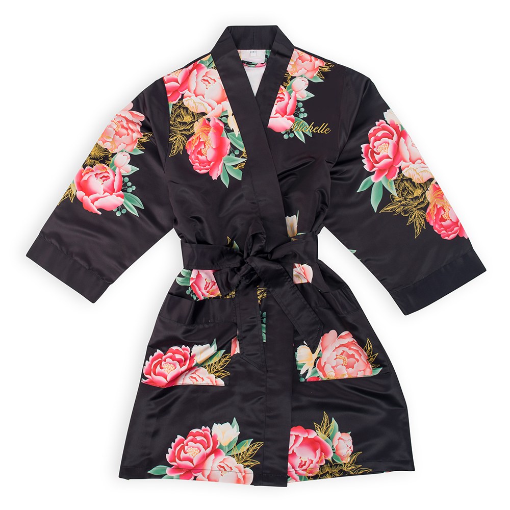 Women's Personalized Embroidered Floral Satin Robe With Pockets - Black Blissful Blooms - NKIN