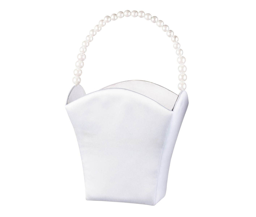White Pearl Handled Satin White Flower Kid Basket - NKIN