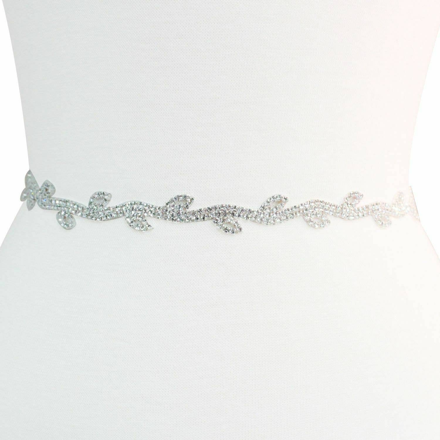Silver Leaf Rhinestone Bridal  Wedding Belt, Sash Strap