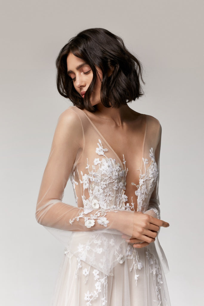 Closeup of the long-sleeves, deep neckline & embroidered tulle