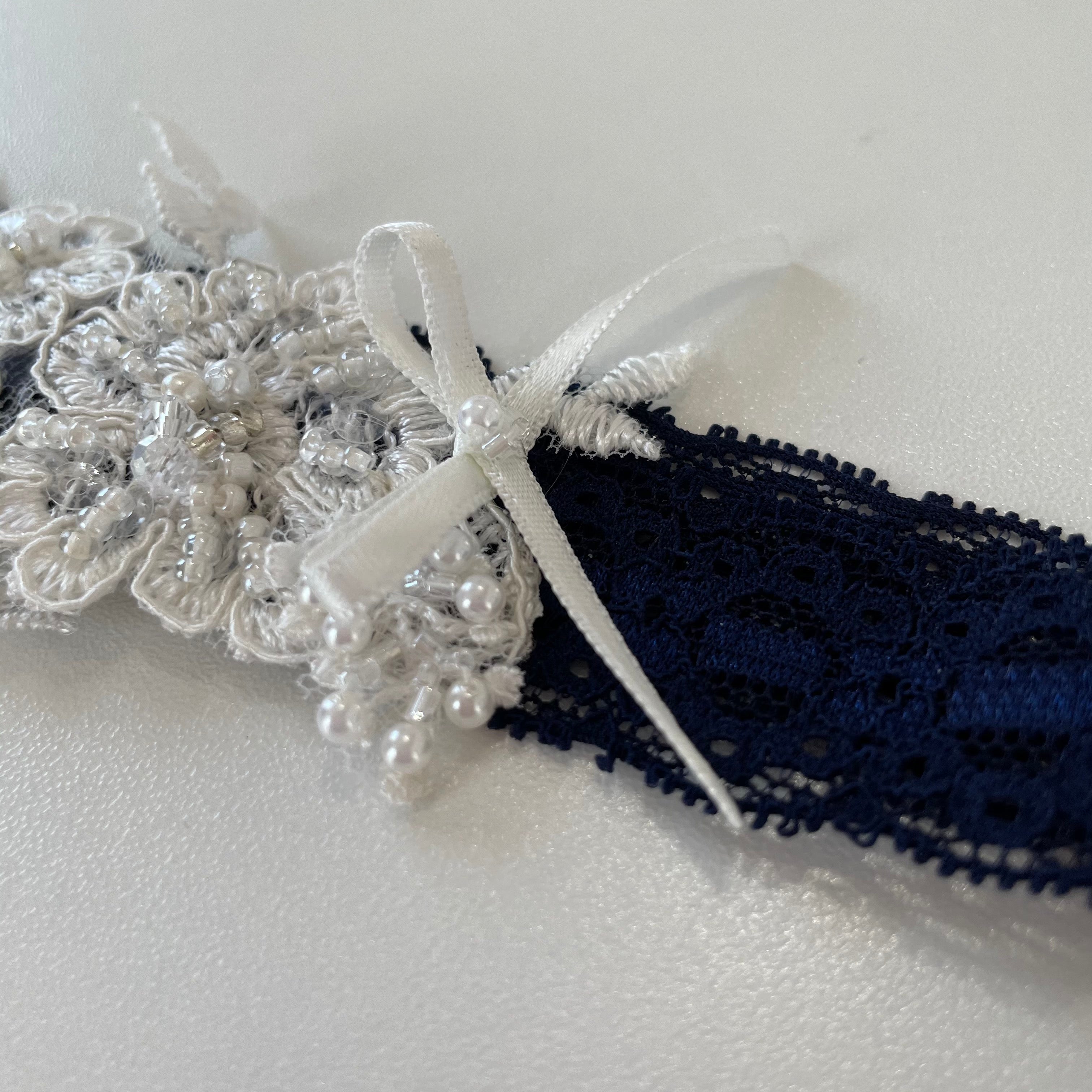 Simple Navy Blue Garter w/Floral Applique - NKIN