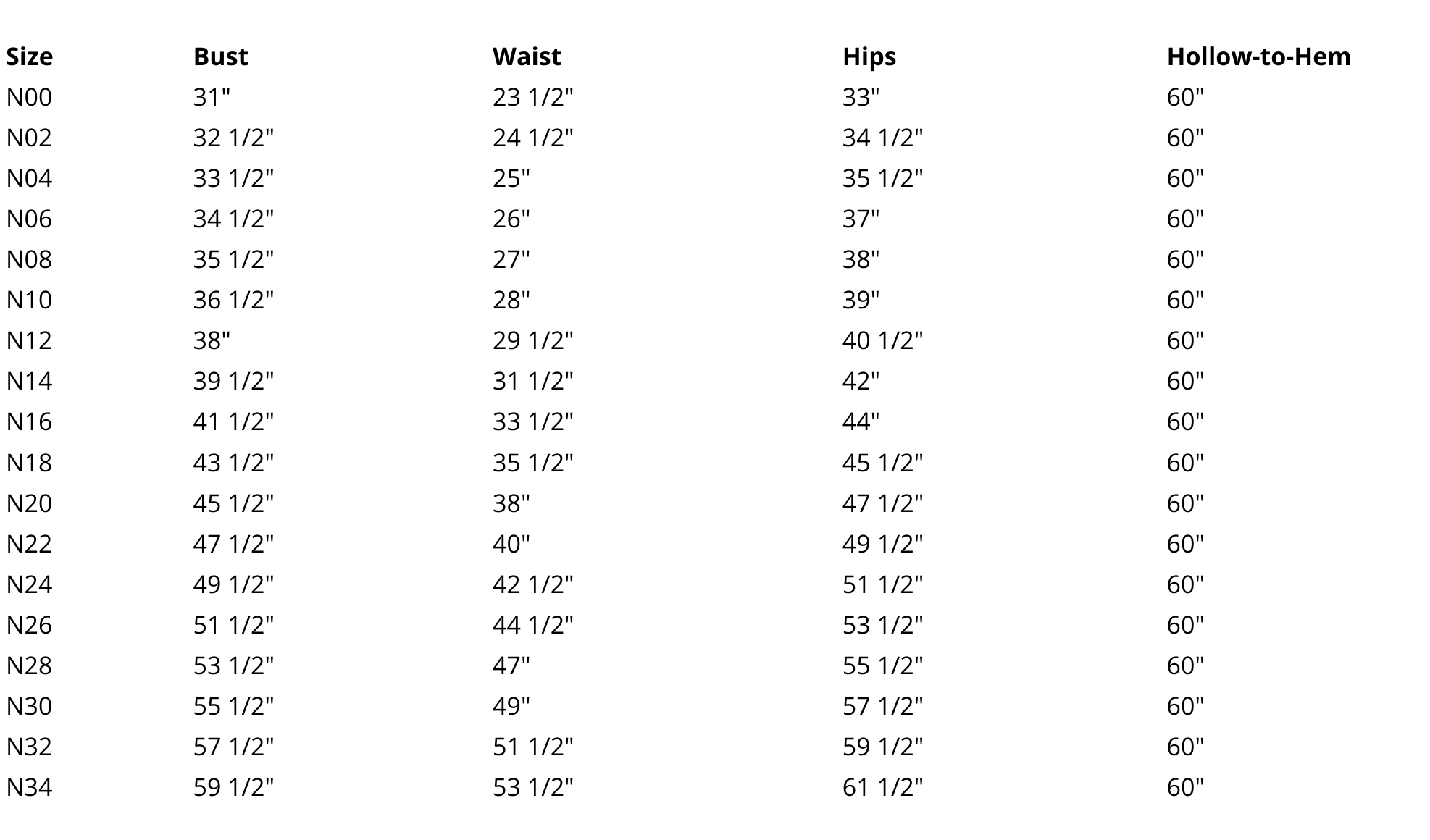 Jasmine size chart