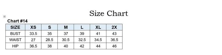 Marissa size chart