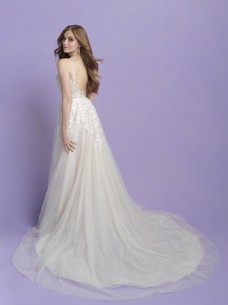 Back view of Allure Bridal Style 3410 on model v neck lace over tulle low back