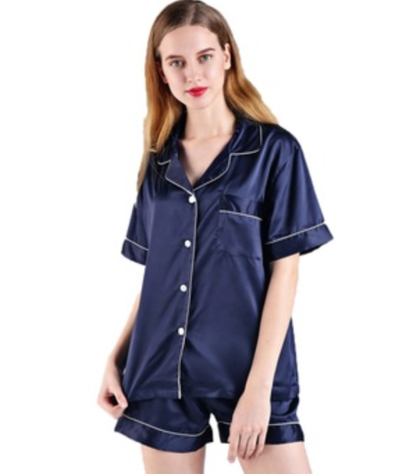 Navy Satin PJ Set Short Shirt Shorts Something Blue Getting Ready Bridal L Glitter Font NO
